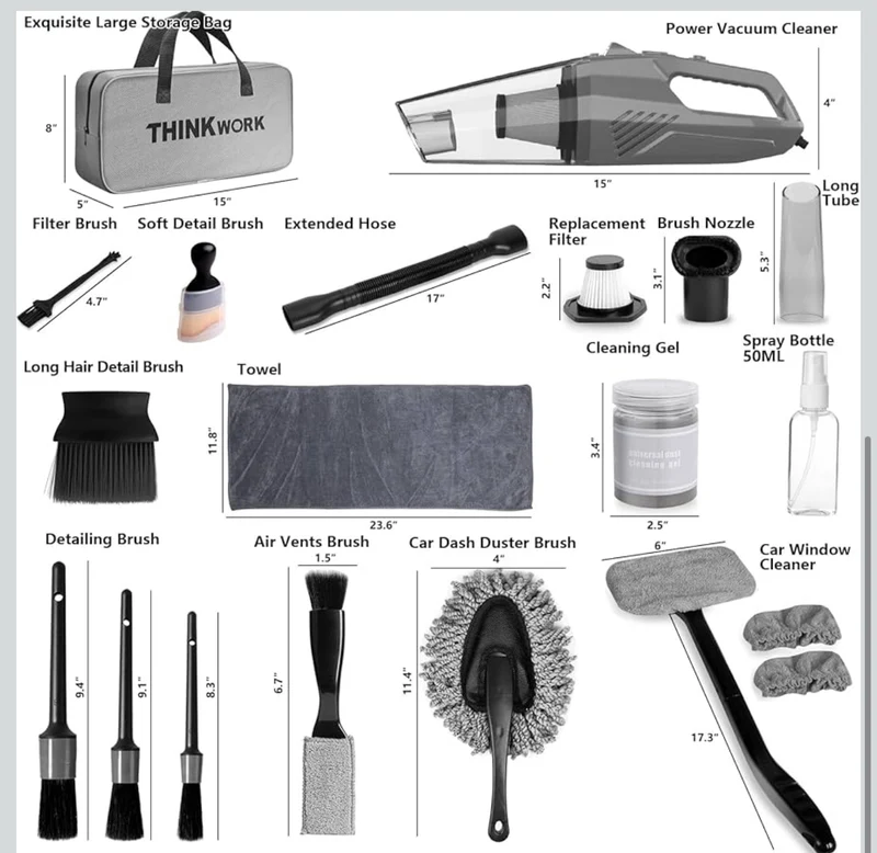 High Power Portable Car Vacuum, Detailing Kit with 8000PA - Including 7Pcs Detailing Brush Set and Carry On Bag
