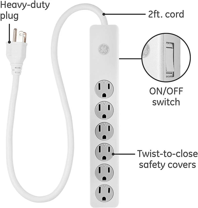 GE 6-Outlet Surge Protector Extension Cord, Power Strip, 800 Joules, Flat Plug