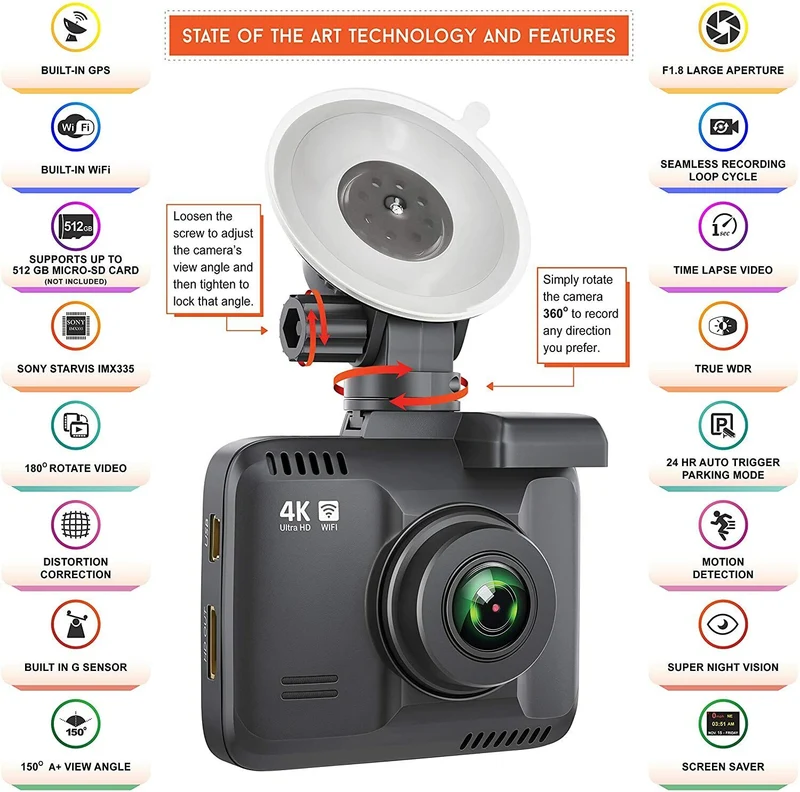 Rove R2-4K Dash Cam Built in WiFi GPS Car Dashboard Camera Recorder with UHD2160