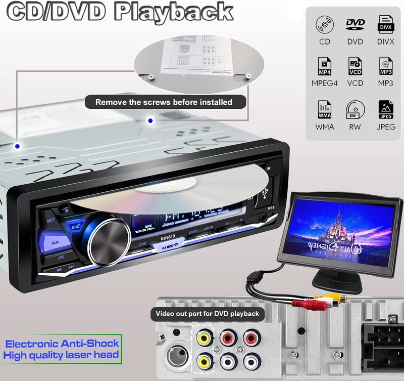 Single Din Car Stereo CDDVD Player Bluetooth FM/AM/RDS Radio USB SD AUX Receiver