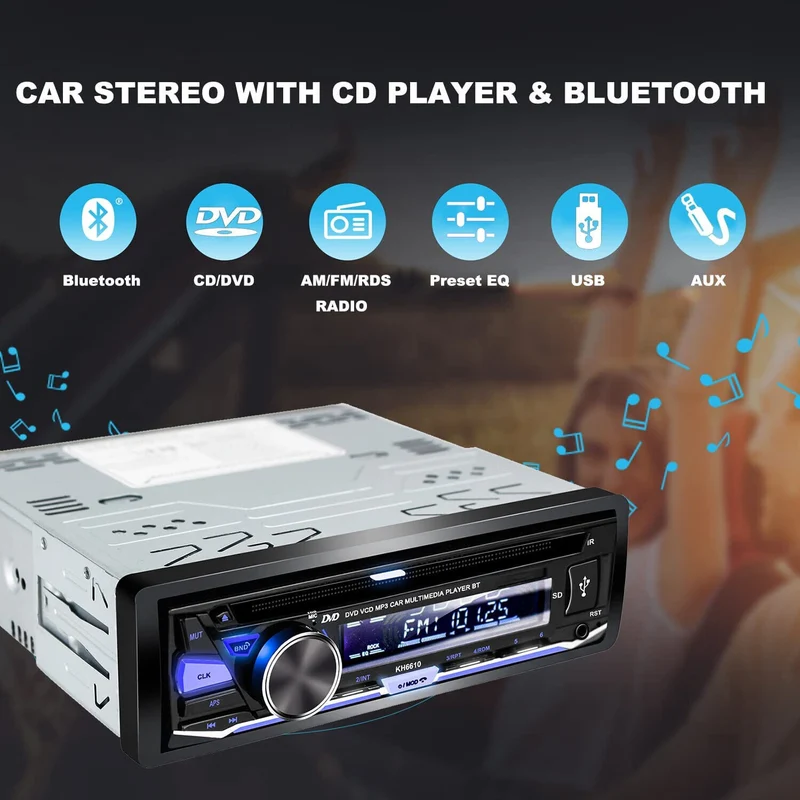 Single Din Car Stereo CDDVD Player Bluetooth FM/AM/RDS Radio USB SD AUX Receiver