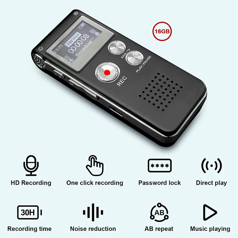 16GB Digital Voice Activated Recorder - Voice Recorder with Playback - Portable