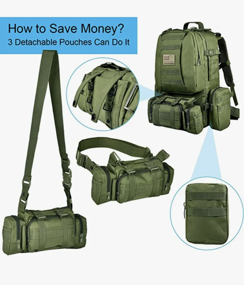 Tactical Military Army Rucksack 60L Assault Detachable Molle Backpack GRNPATCH