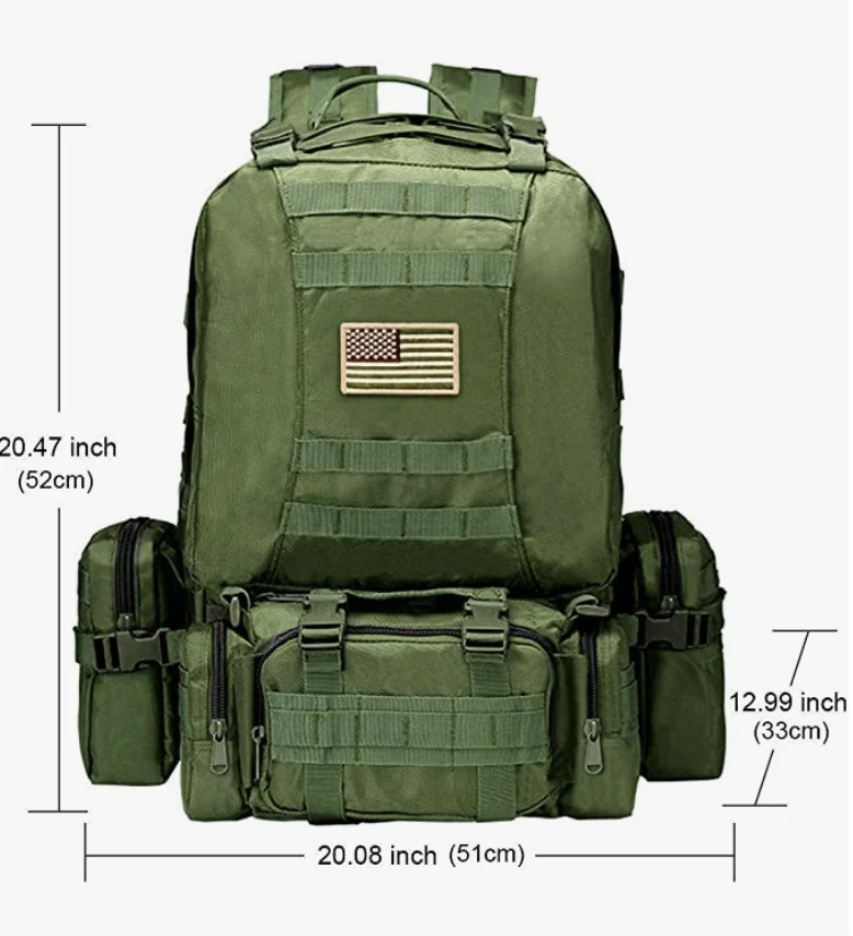 Tactical Military Army Rucksack 60L Assault Detachable Molle Backpack GRNPATCH