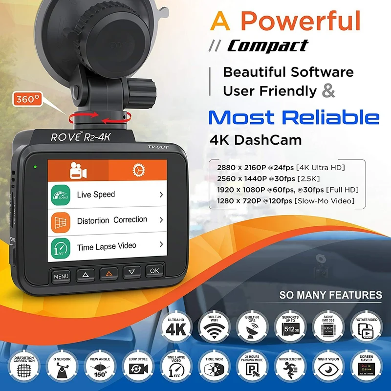 Rove R24K Dash Cam Built in WiFi GPS Car Dashboard Camera Recorder W/ UHD2160