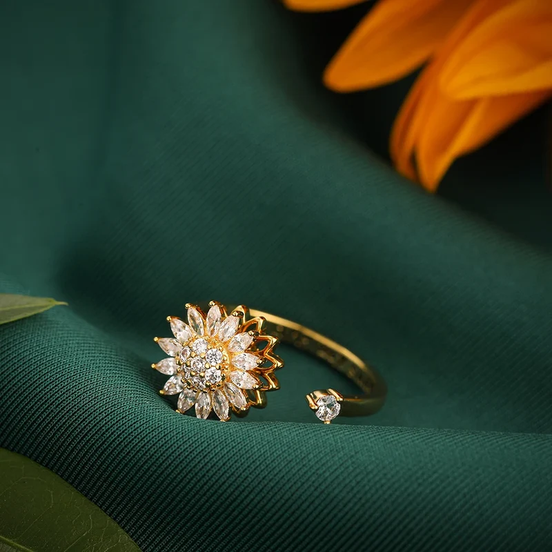 Bague d'Anxiété Ajustable Cristal Sunflower en Acier Inoxydable