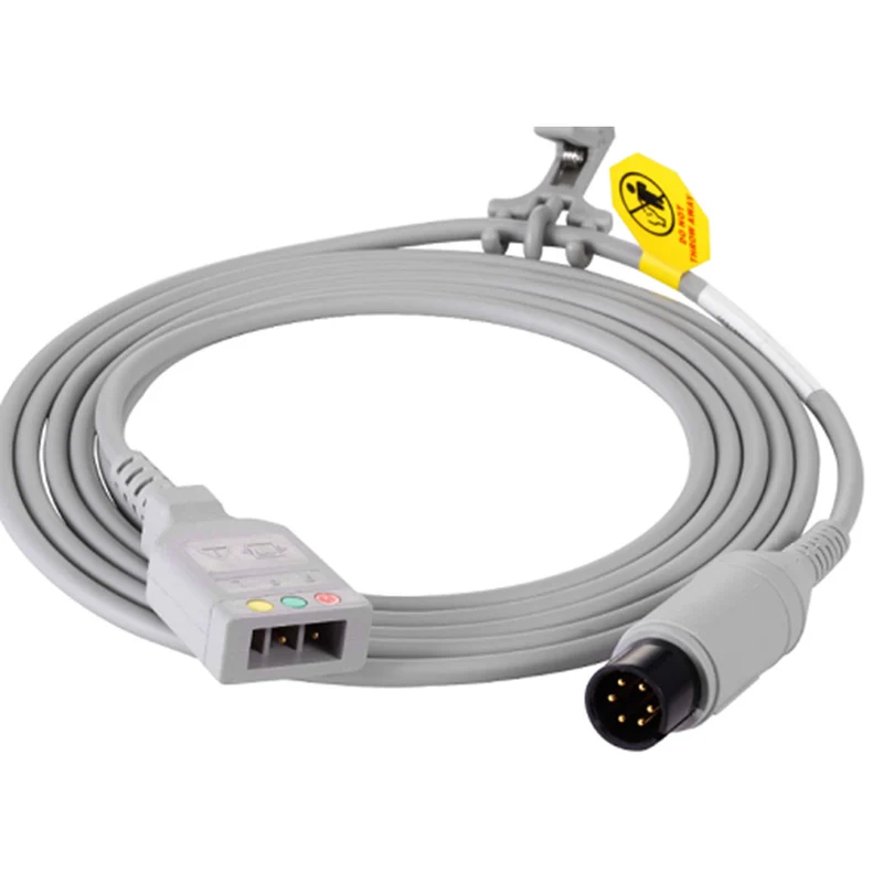 Câble ECG, 3-lead, 6pin, Defib, AHA/IEC, 2.9m, DIN, réutilisable